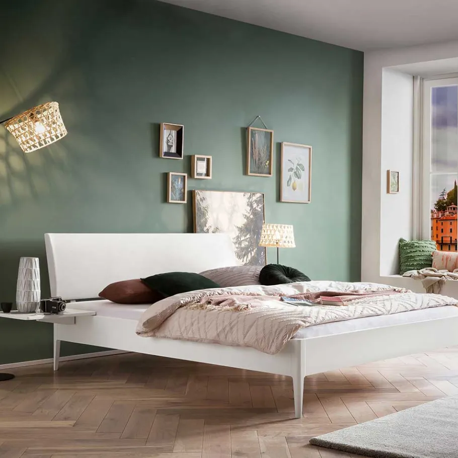 Online Wohnen 140x200 Bett in Weiß aus Buche & Kunstleder - Shian