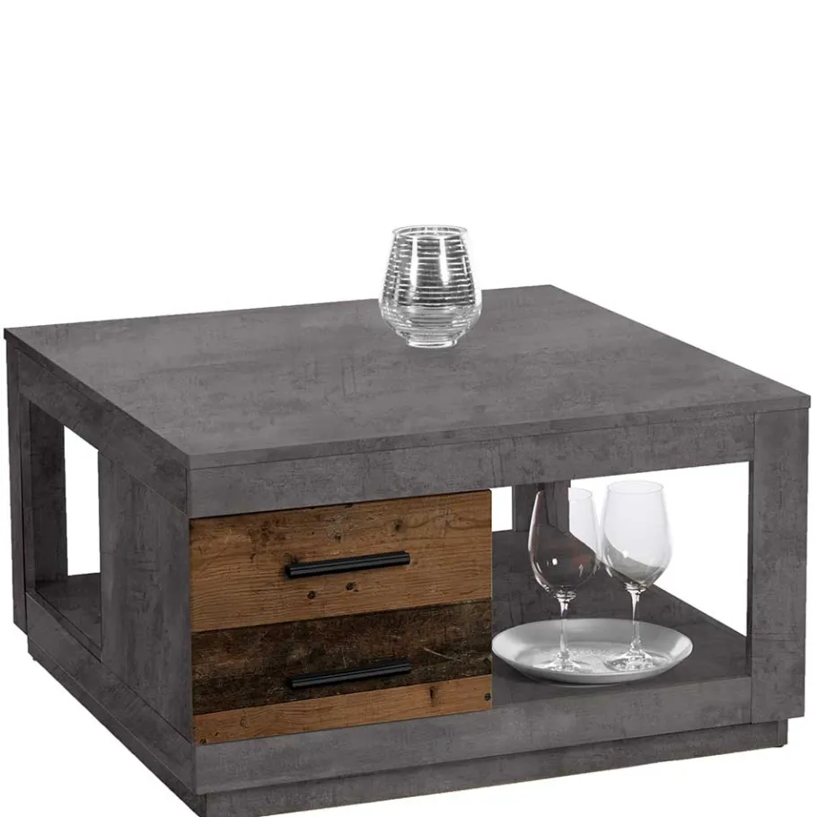 Discount Wohnen 80x80 cm Couchtisch in Beton Optik & Antik Holz NB - Imlory