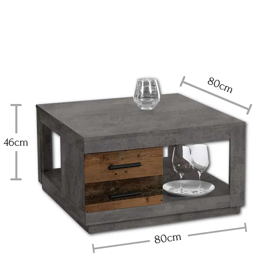 Discount Wohnen 80x80 cm Couchtisch in Beton Optik & Antik Holz NB - Imlory