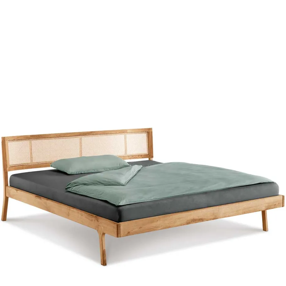 Outlet Wohnen 140x200 Holzbett aus Wildeiche mit Rattan - Ambrosso