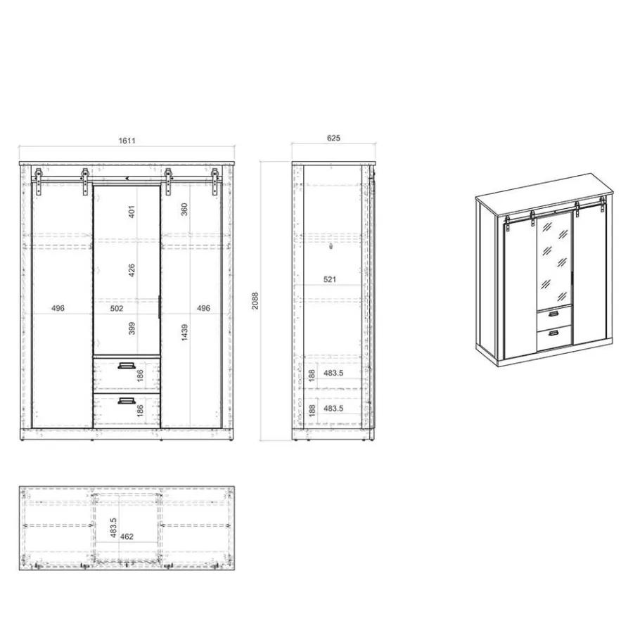 New Wohnen 140x200 Modern Country Bett & Schrank - Tramos (vierteilig)