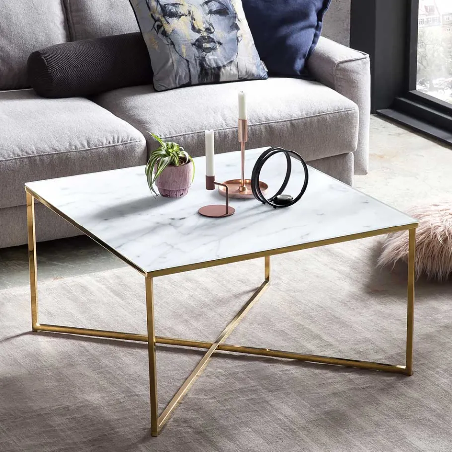 Best Wohnen 80x80 Quadrat Couchtisch in Marmor Optik & Gold - Hulmane