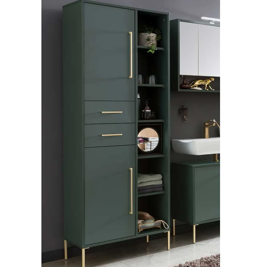 New Wohnen 67x184x33 Bad Hochschrank in Dunkelgrün & Gold - Aqua