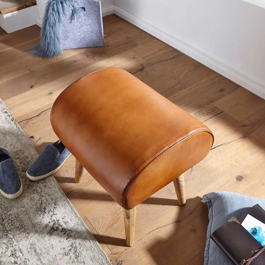 Wohnen 45x53x40 cm Leder Hocker mit Holzbeinen - Brian