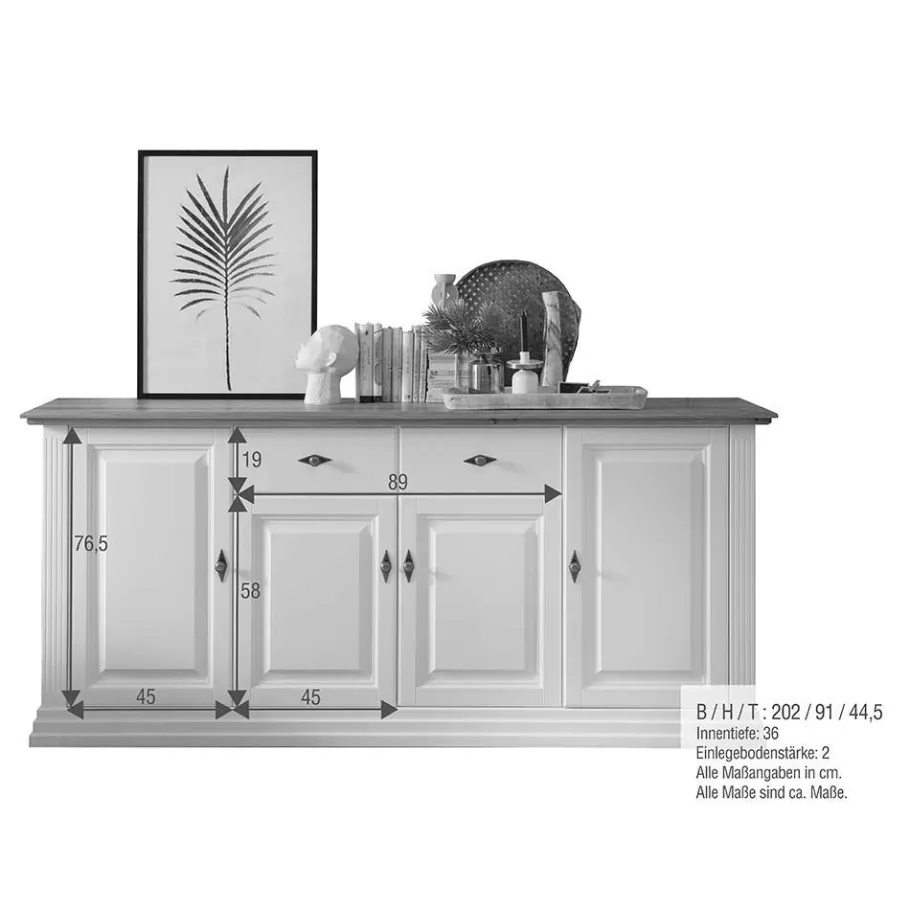 Clearance Wohnen 202x91x45 Country Anrichte in Weiß & Eiche - Henry