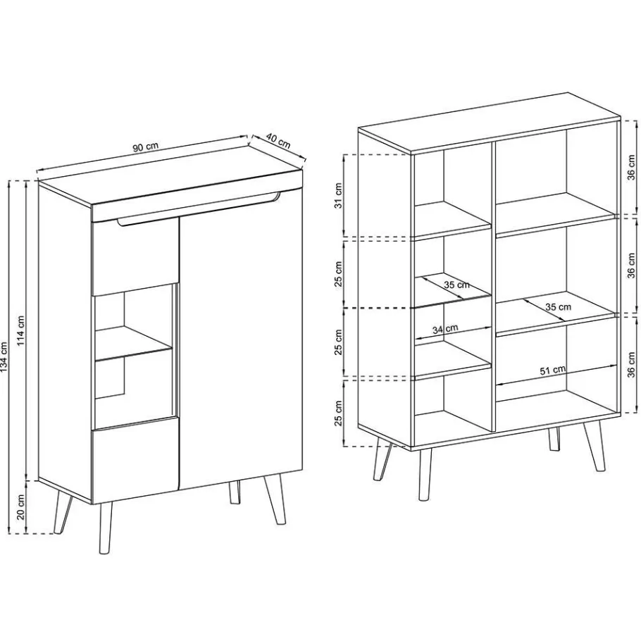 Hot Wohnen 90x134x40 Highboard mit Glaseinsatz 2-türig - Olcian