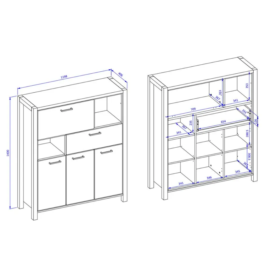Sale Wohnen 120x140x41 Highboard mit Klappe & 3 Türen - Zavorra