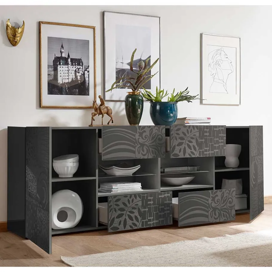 Hot Wohnen 241x84x42 Hochglänzendes Sideboard in Grau - Ipatal