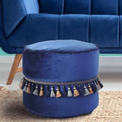 Clearance Wohnen 45x38x45 Hocker Pouf aus Samt in Blau - Quinn