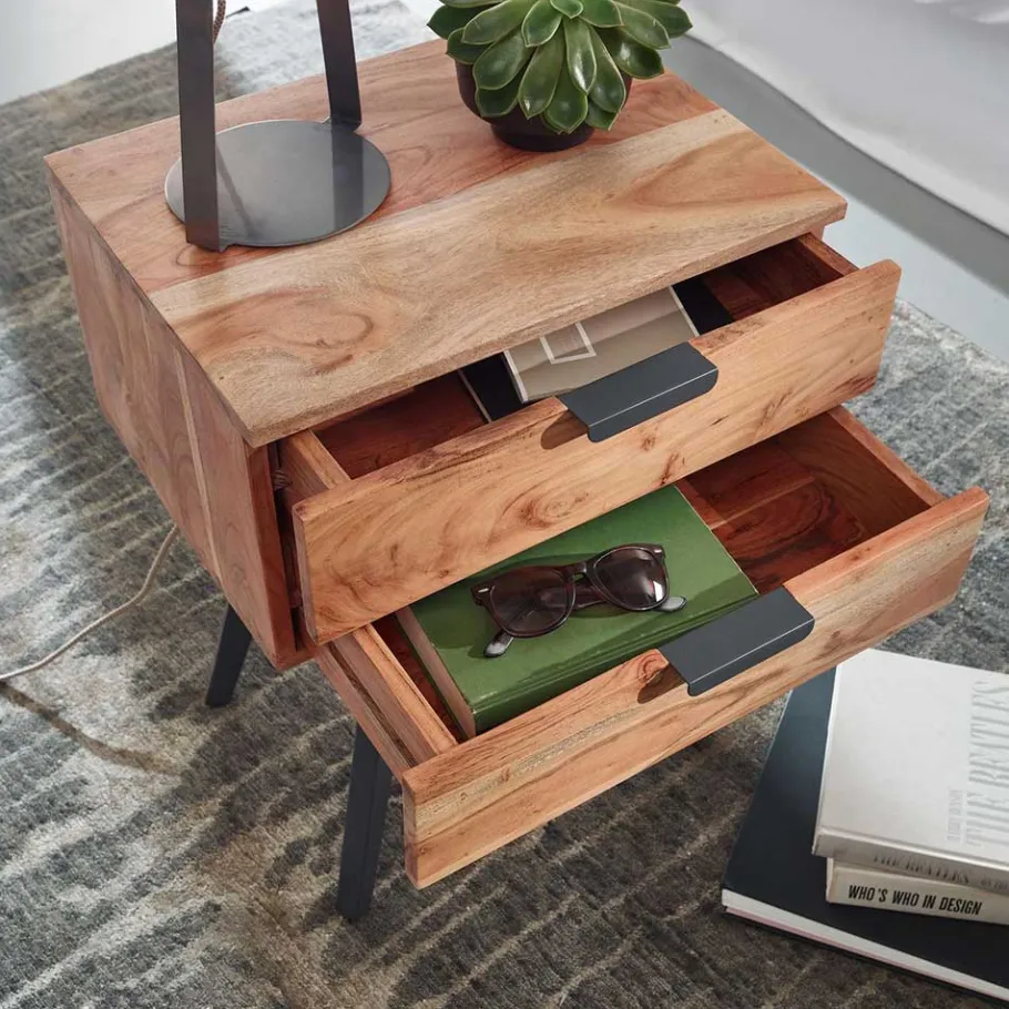 New Wohnen 47x65x35 Hohe Nachtkommode aus Akazie Natur - Ishi