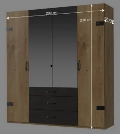 New Wohnen 200x216x58 Kombi-Kleiderschrank mit Spiegeln - Bram