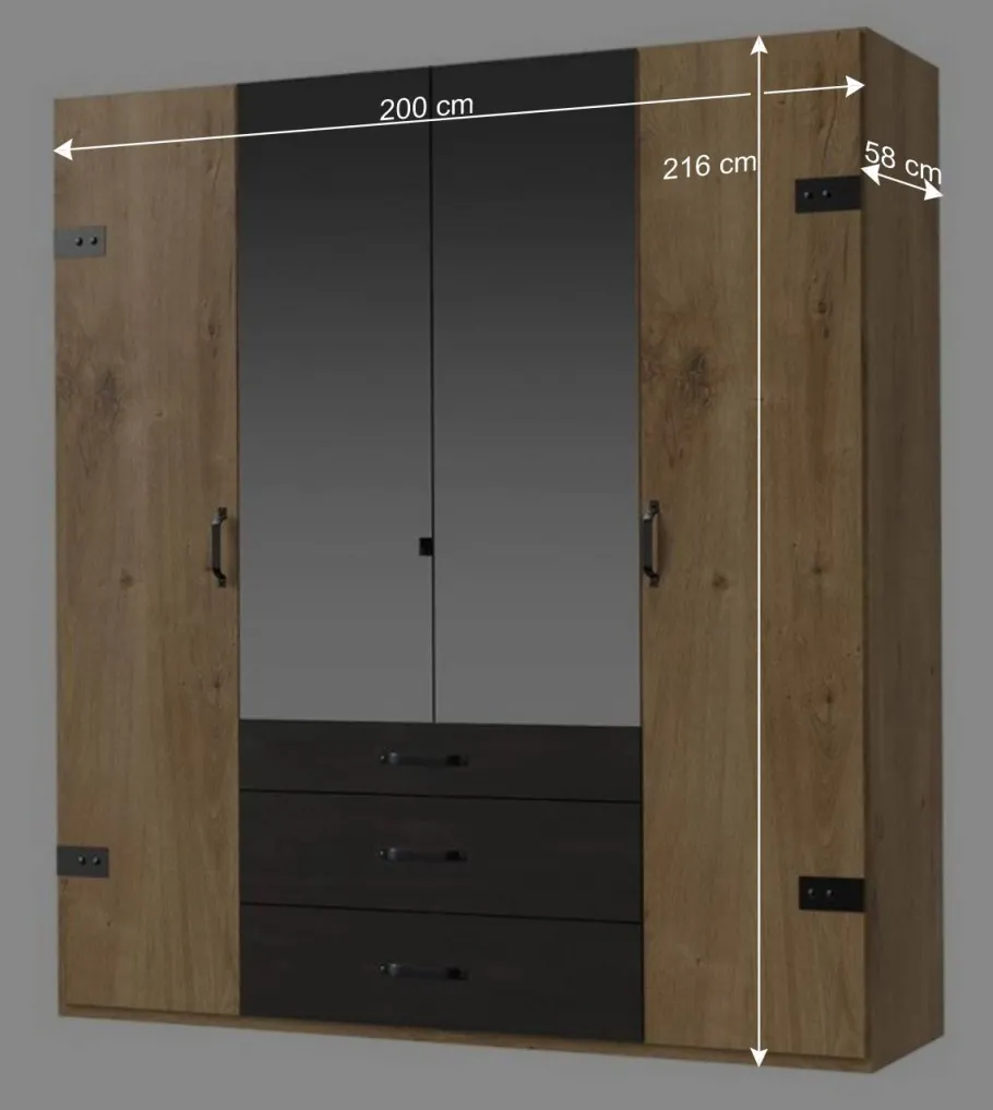 New Wohnen 200x216x58 Kombi-Kleiderschrank mit Spiegeln - Bram