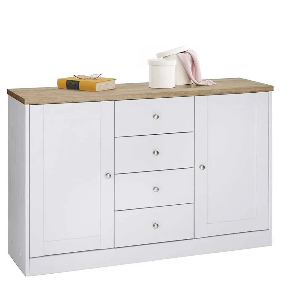 Discount Wohnen 120x80x35 Kommode in Weiß mit Sonoma Eiche - Nudion I