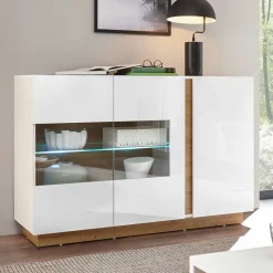 Discount Wohnen 138x91x40 Kommode mit Glas 3-türig - Myrda