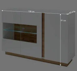 Discount Wohnen 138x91x40 Kommode mit Glas 3-türig - Myrda