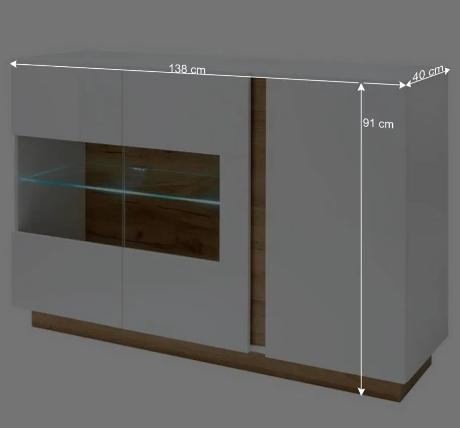 Discount Wohnen 138x91x40 Kommode mit Glas 3-türig - Myrda