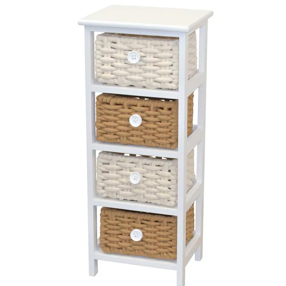 Outlet Wohnen 30x73x25 Kommode mit vier Körben in Weiß - Udolph