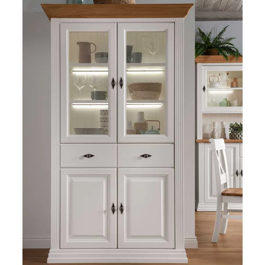 Hot Wohnen 116x199x45 Landhaus Vitrinenschrank in Weiß - Henry