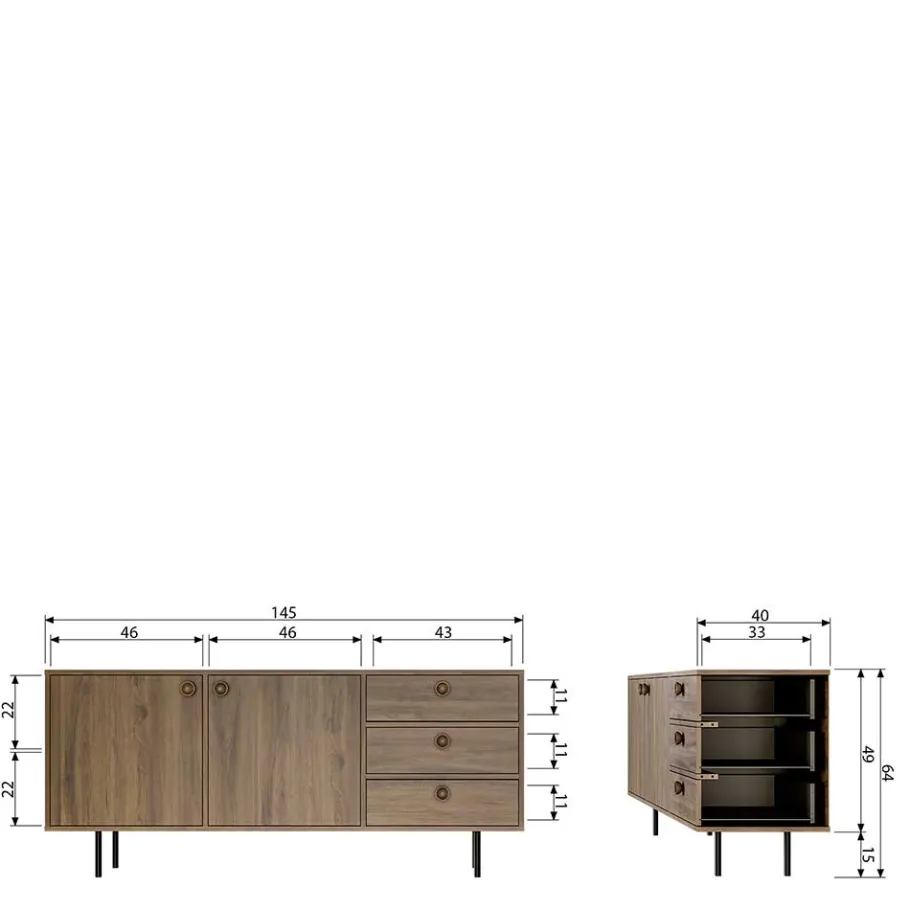 New Wohnen 145x64x40 Mid Century Kommode in Walnuss - Essyno