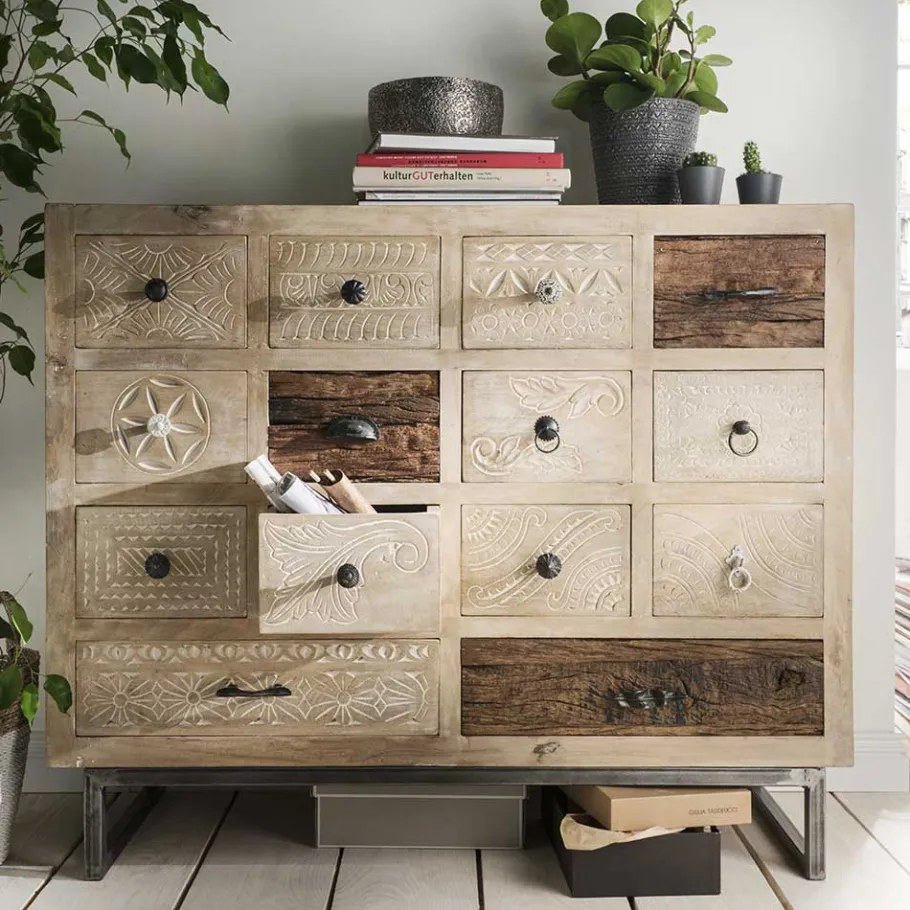 Best Wohnen 110x91x37 Recyclingholz Kommode mit 14 Schubladen - Emirello