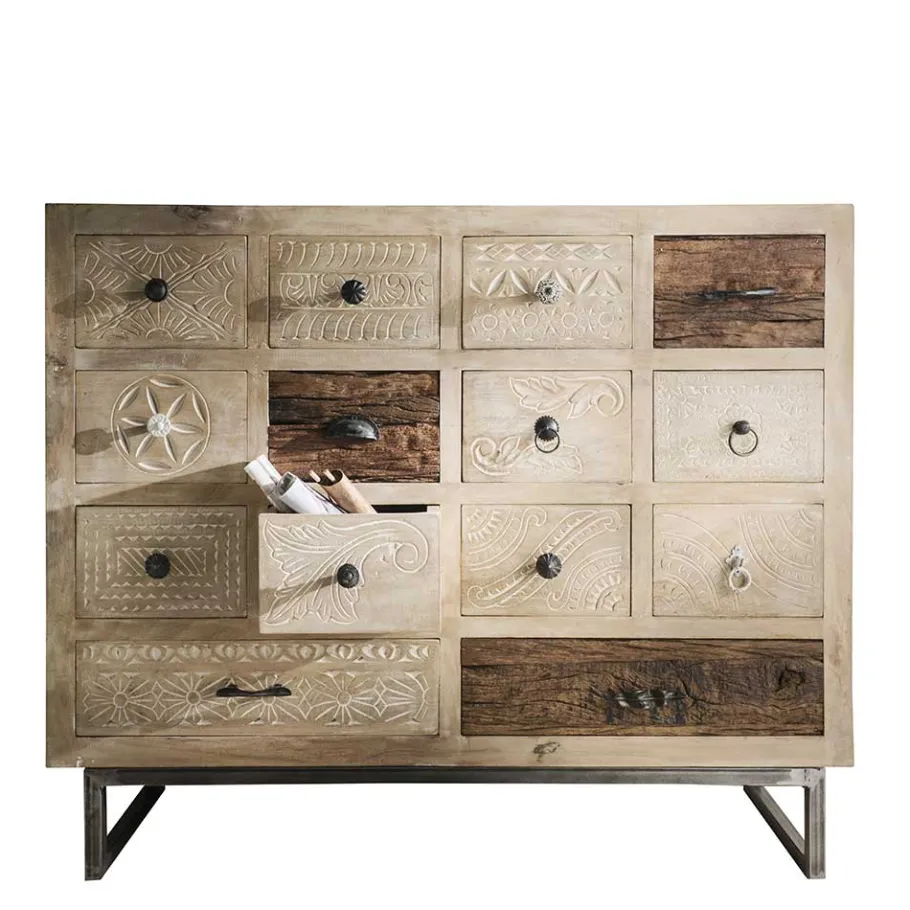 Best Wohnen 110x91x37 Recyclingholz Kommode mit 14 Schubladen - Emirello