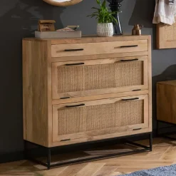 New Wohnen 85x91x40 Schuhschrank aus Holz & Rattan Geflecht - Lazianus