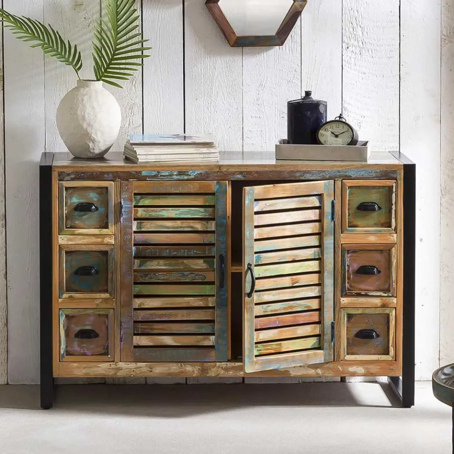 Clearance Wohnen 120x80x35 Shabby Chic Kommode aus buntem Altholz - Vosbadus