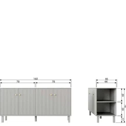New Wohnen 160x78x46 Skandi Sideboard 4-türig in Grau - Huvina