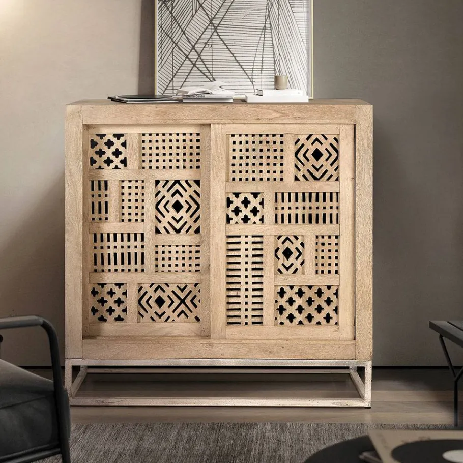 Clearance Wohnen 90x90x40 Türen-Kommode mit Ethno Flair - Valuta