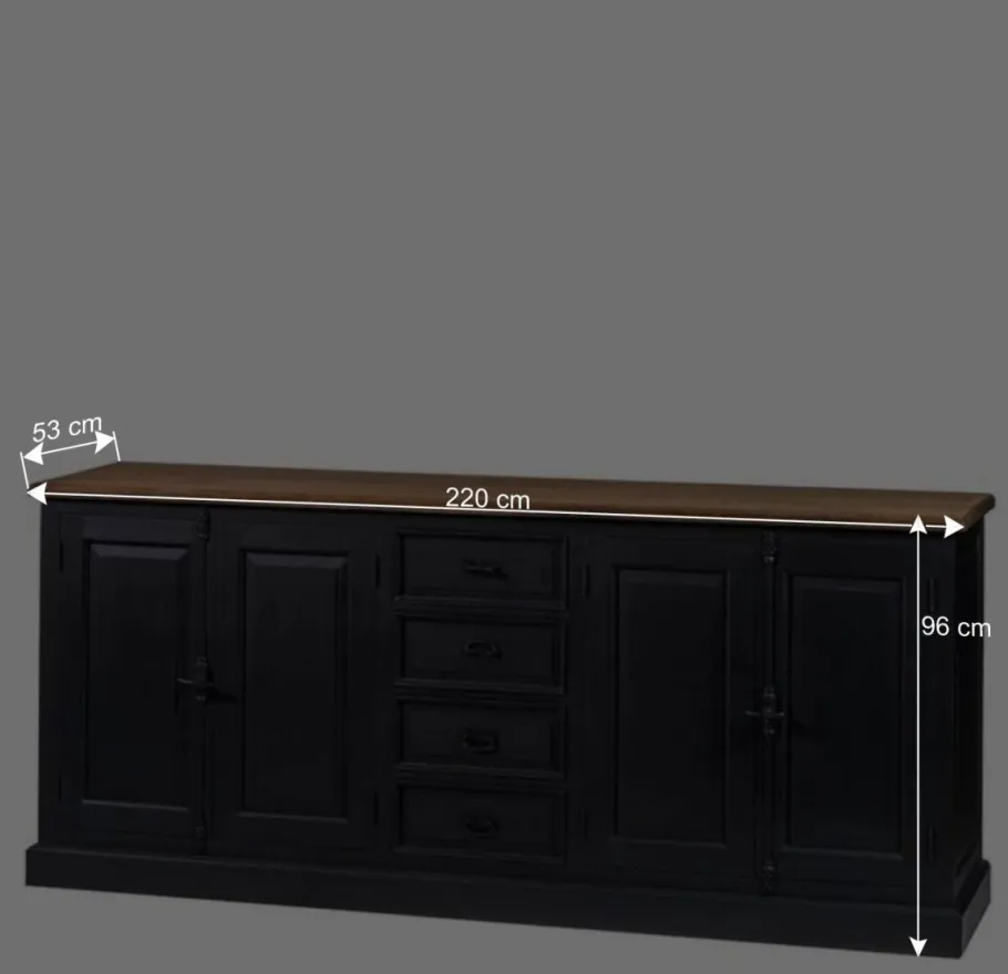 Hot Wohnen 220x96x53 Vintage Design Anrichte in Schwarz - Niovan