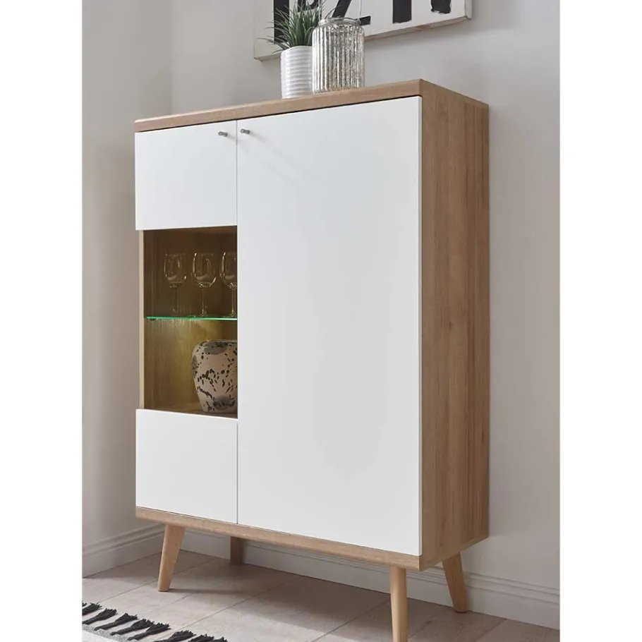 Clearance Wohnen 90x134x40 Wohnzimmerschrank in Weiß & Eiche - Cablos